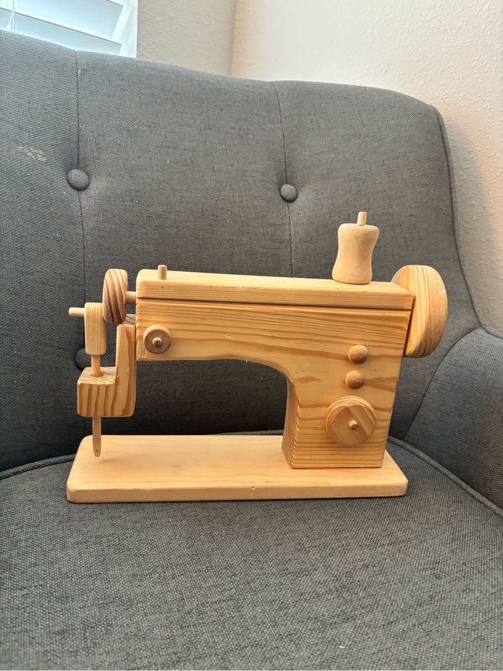 Natural Wood Toy Sewing Machine Playset - Beige Wooden Pretend Play